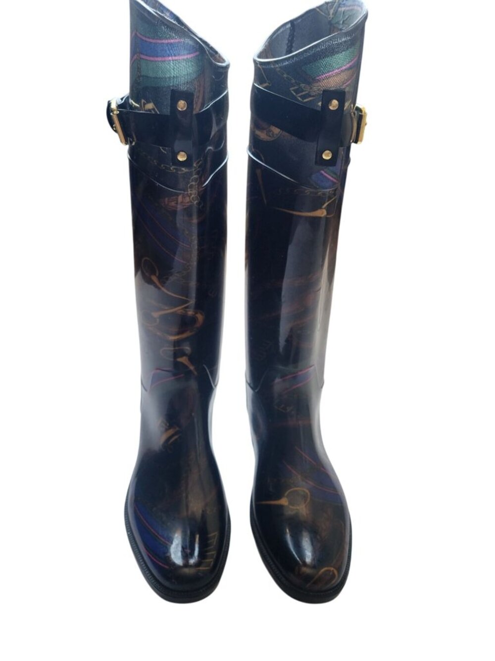 Lauren Ralph Lauren Rossalyn II rain boots black equestrian belt gold rope 8 - Picture 2 of 11